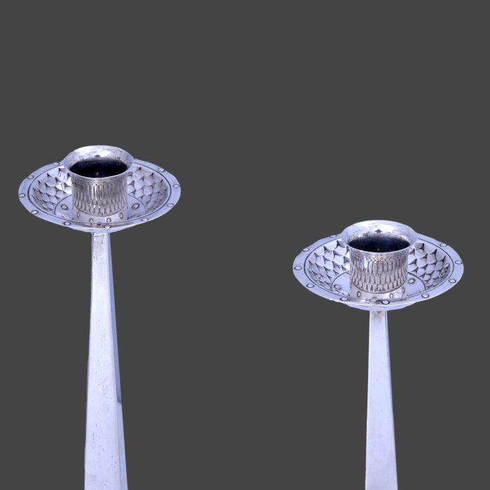 An unusual pair of classic James Dixon arts and crafts silver candlesticks - Image 2