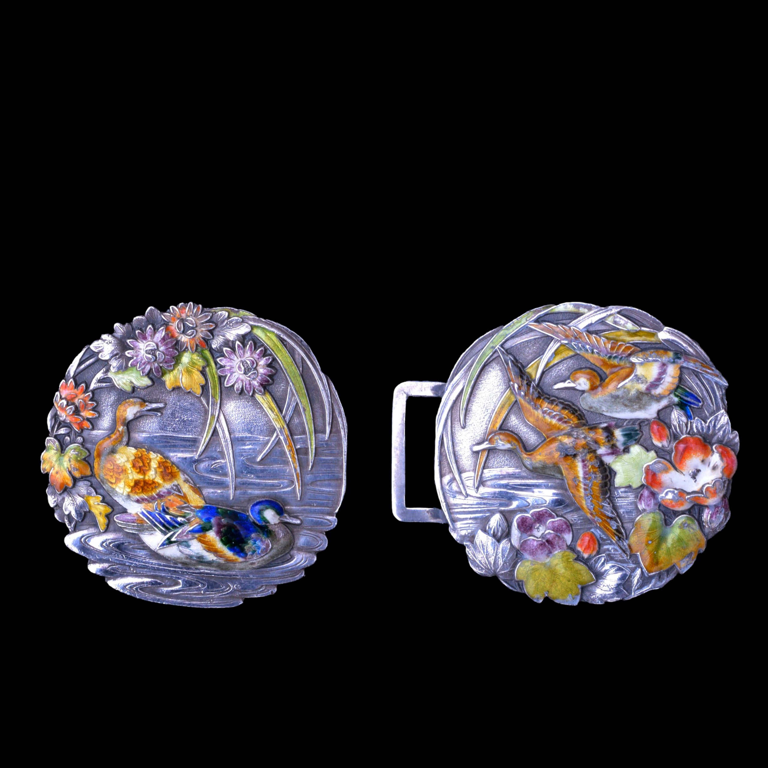 A superb Japanese silver and enamel buckle, Sanju Saku - Image 2